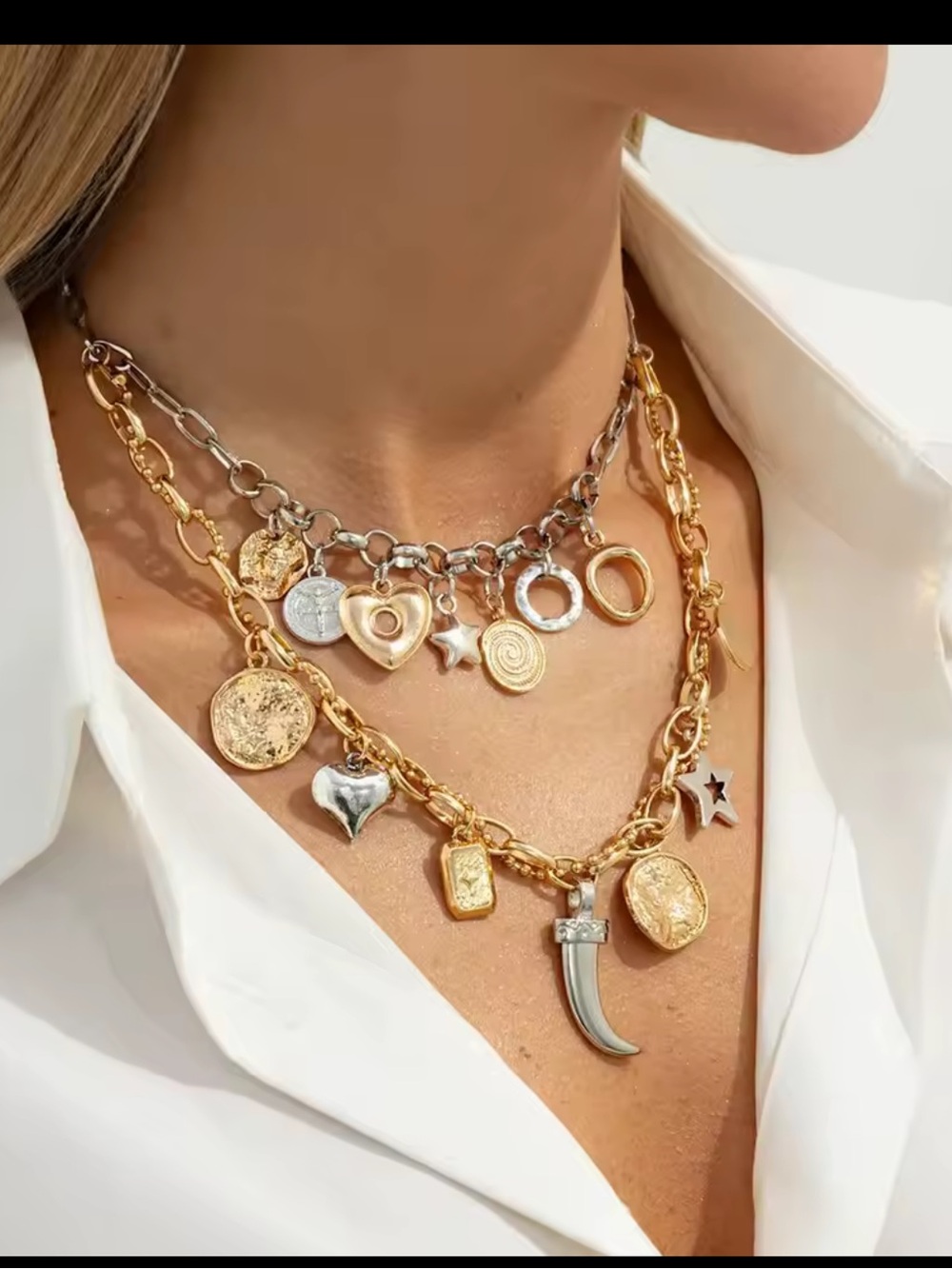 Two-Tone Gold & Silver Charm Layer Necklace